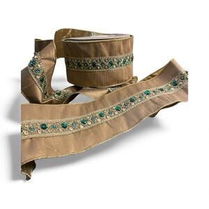 Neiman Marcus Gold Taffeta Ribbon – 3 Yards, Beaded & Sequined, Wired Edge